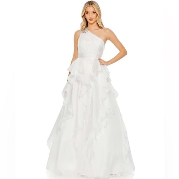 MAC DUGGAL JEWEL BROACH ONE SHOULDER CASCADE LAYERED GOWN / size 16 - Picture 1 of 12